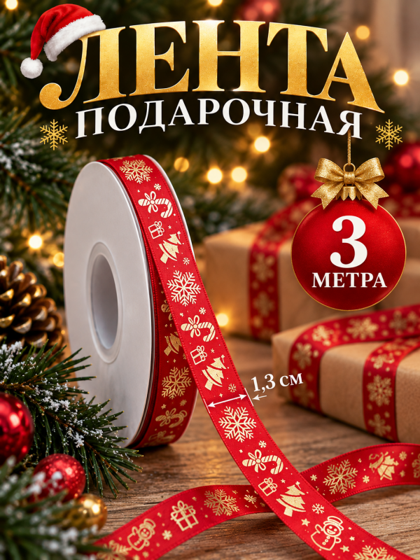 3 метра. Лента упаковочная для новогодних подарков. Цвет красный