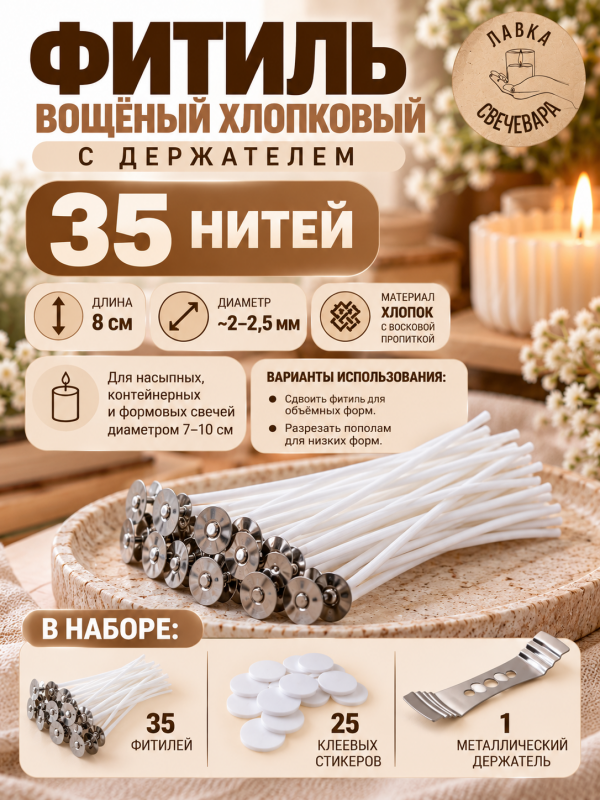 Набор вощеных фитилей 8 см, 35 нитей с клеевыми стикерами и металлическим центровиком 25 шт.