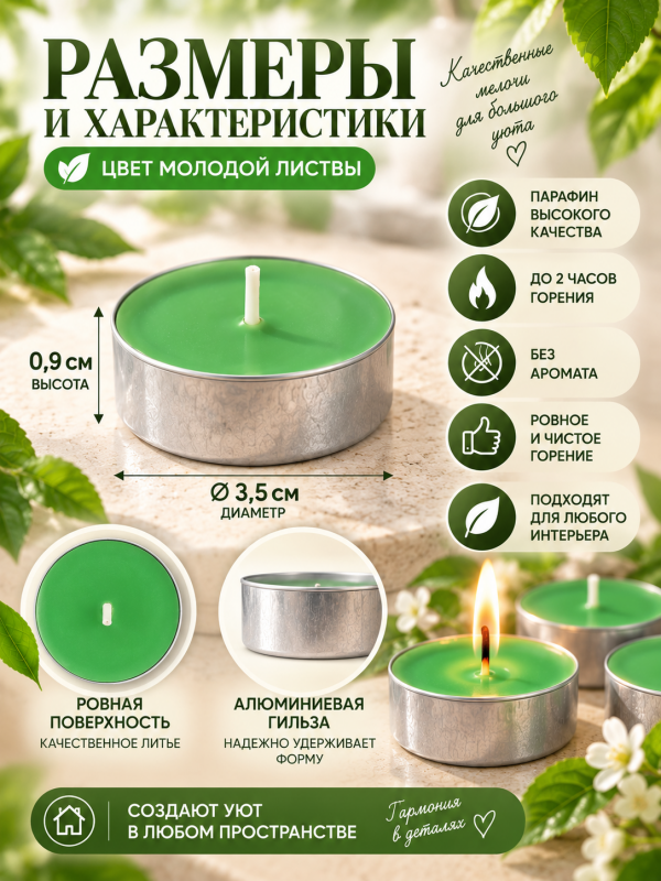 Чайные свечи салатовые без аромата. 50 штук.
