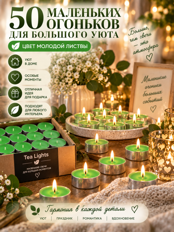 Чайные свечи салатовые без аромата. 50 штук.