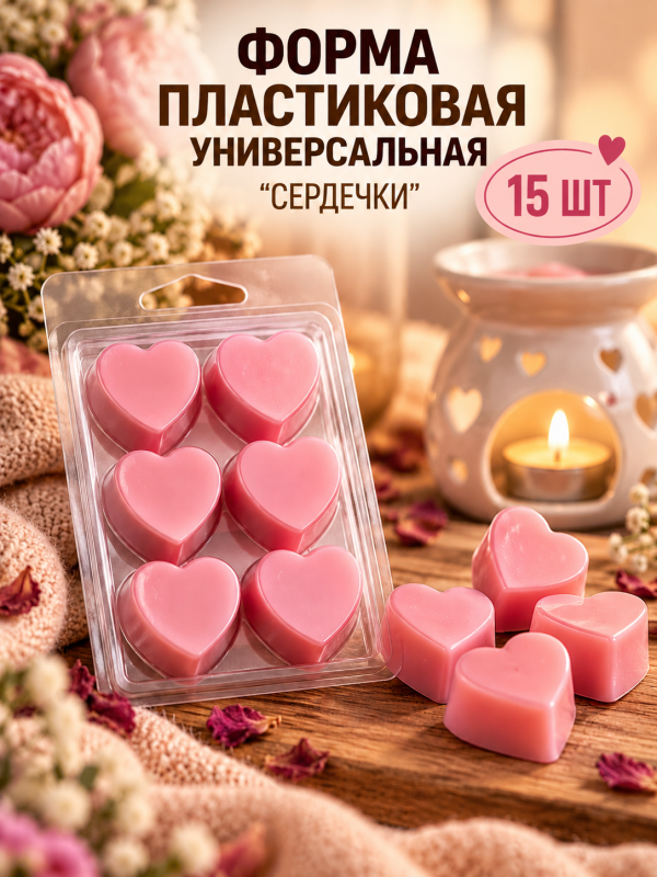15 шт. Пластиковые формы для мелтсов и арома восков "Сердечки" 6 ячеек.
