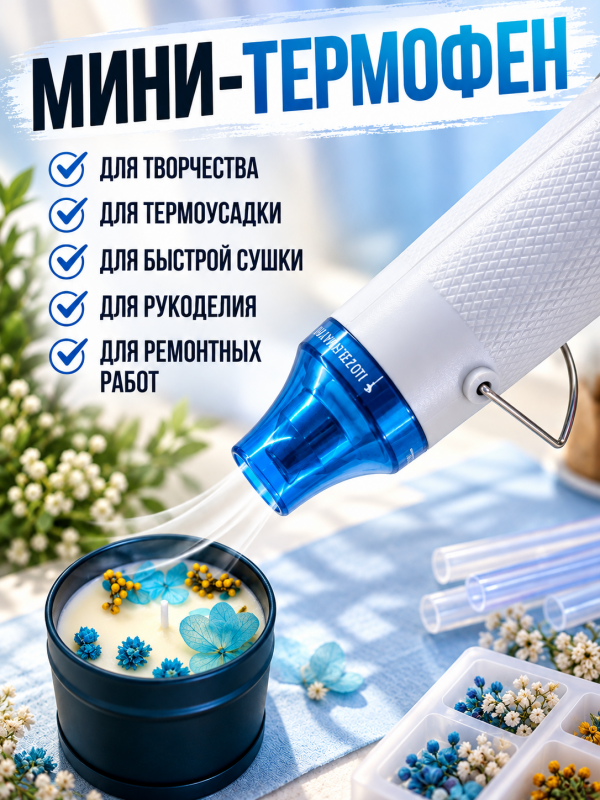 Мини термофен для рукоделия и творчества. Цвет бело-голубой
