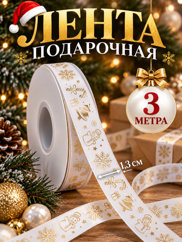 3 метра. Лента упаковочная для новогодних подарков. Цвет жемчужный