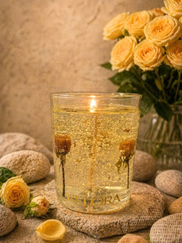 Ароматическая свеча "Velora Rose d’Or" с натуральными бутонами желтых роз. 50 часов горения.