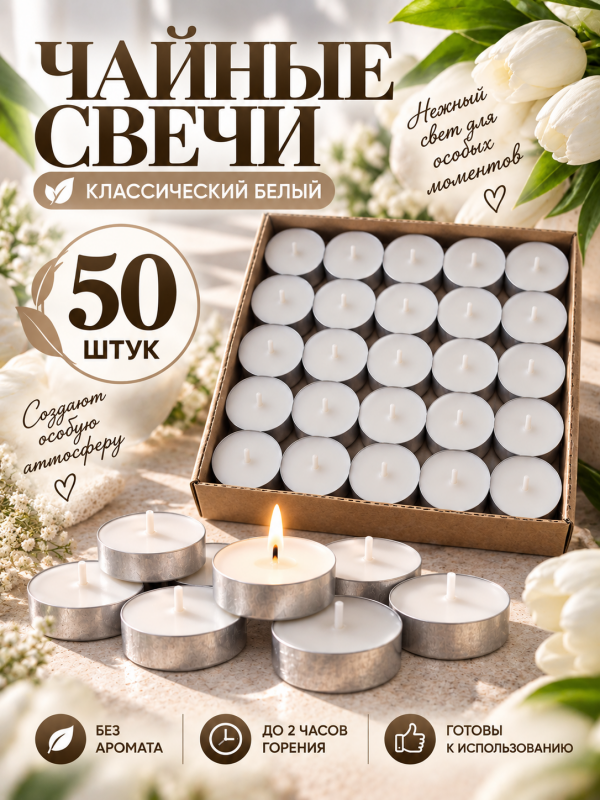 Чайные свечи белые без аромата. 50 штук