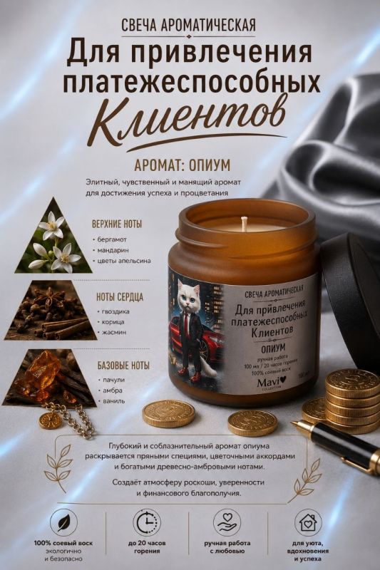 Ароматическая свеча "Для привлечения платежеспособных клиентов" аромат опиум