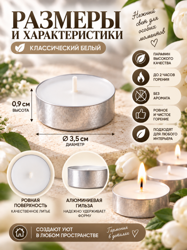 Чайные свечи белые без аромата. 50 штук