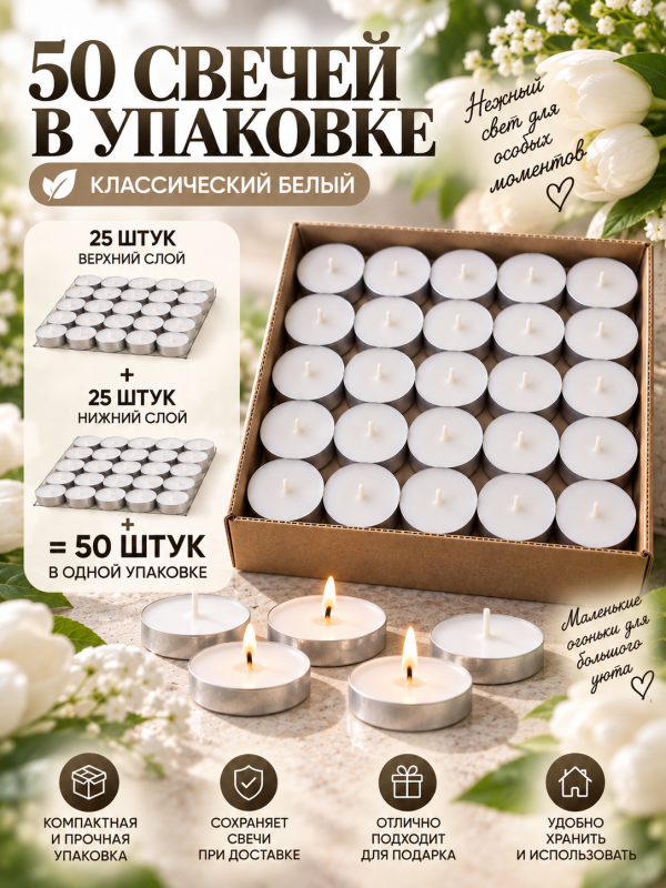 Чайные свечи белые без аромата. 50 штук