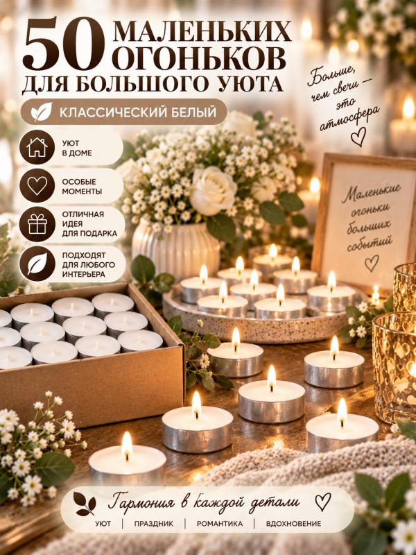 Чайные свечи белые без аромата. 50 штук