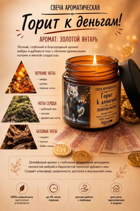 Ароматическая свеча "Горит к деньгам!" с ароматом дубовый мох и янтарь. 20 часов горения.