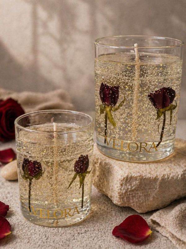 Ароматическая свеча "Velora Red Rose d’Or" с натуральными бутонами красных роз. 50 часов горения.