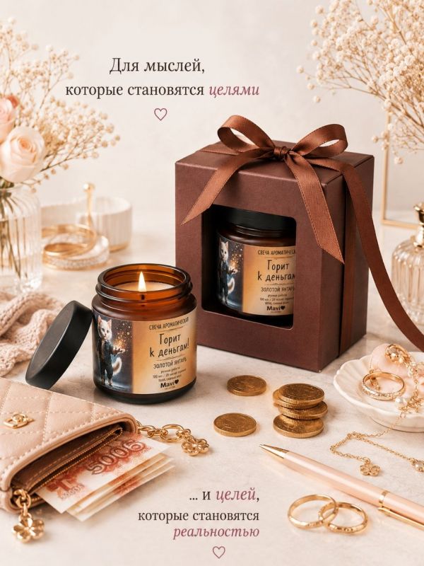 Ароматическая свеча "Горит к деньгам!" с ароматом дубовый мох и янтарь. 20 часов горения.