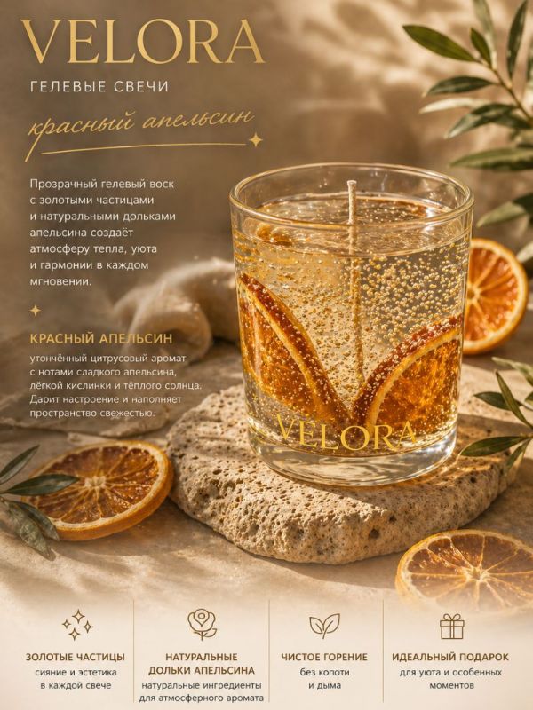 Ароматическая свеча "Velora Orange d’Or" с натуральными дольками апельсина. 50 часов горения.