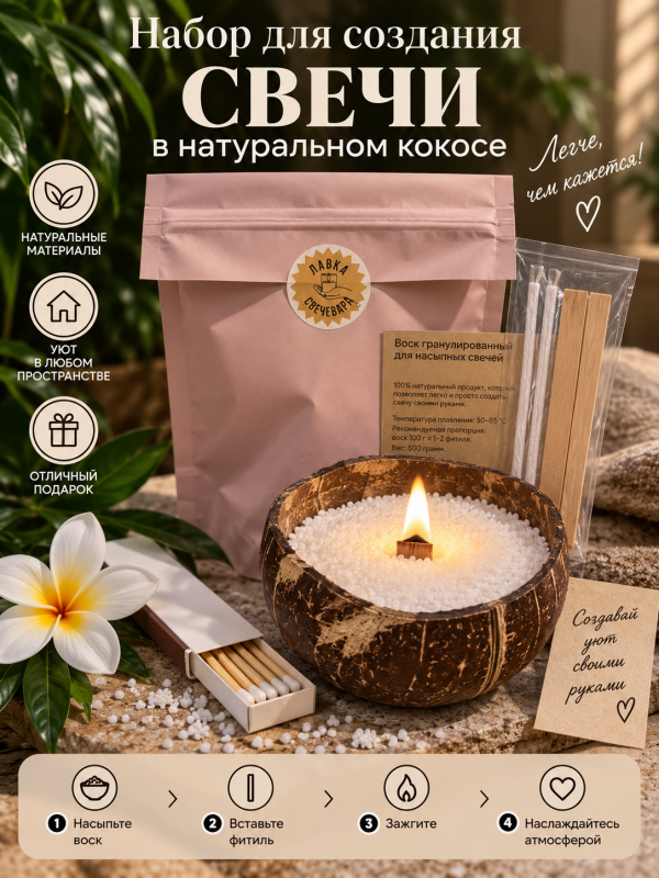 Свеча в кокосе своими руками. Подарочный набор с воском и фитилями.