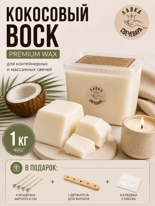 Воск кокосовый для контейнерных и массажных свечей "Premium wax" 1 кг + набор фитилей в подарок