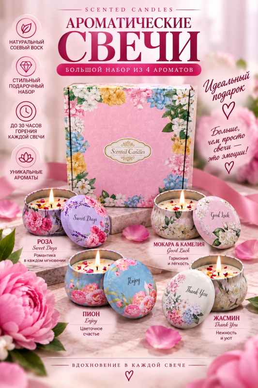 Свечи ароматические. Большой подарочный набор "Sweet Days" из 4 разных ароматов.