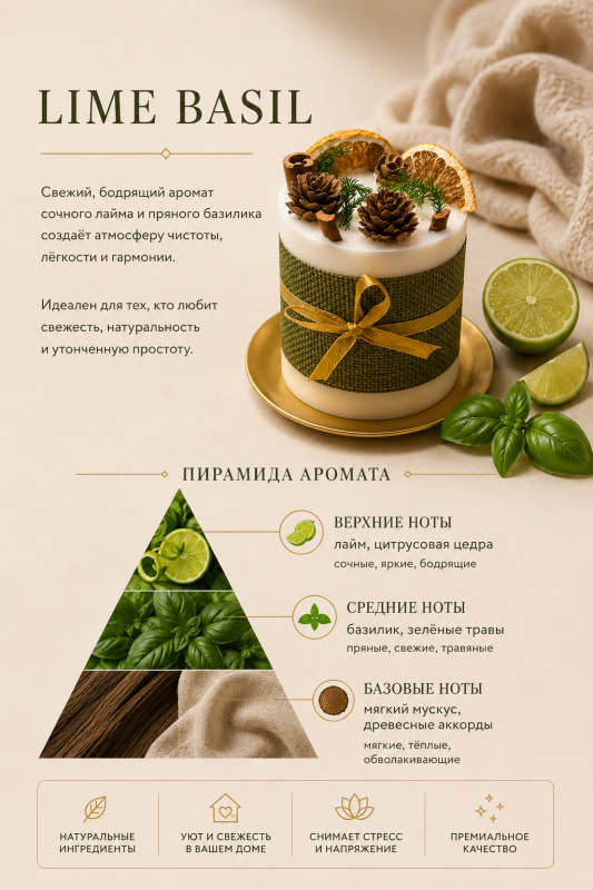 Ароматическая свеча Velora Blossom of Life с ароматом Lime Basil (лайм/базилик) с подсвечником в подарочной коробке. 28 часов горения.