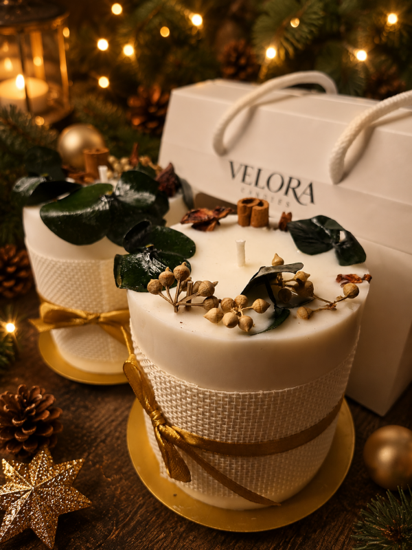 Ароматическая свеча Velora Blossom of life с ароматом Vanilla Praline (ванильный пралине) с подсвечником в подарочной коробке. 28 часов горения.