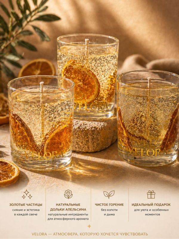 Ароматическая свеча "Velora Orange d’Or" с натуральными дольками апельсина. 50 часов горения.