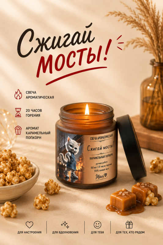 Ароматическая свеча "Сжигай мосты!" с ароматом карамельного попкорна – уют, сладость и радость детства. 20 часов горения