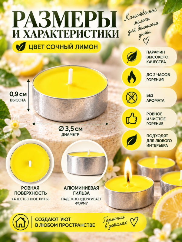 Чайные свечи без аромата желтые. 50 штук.