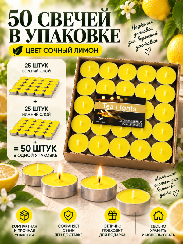 Чайные свечи без аромата желтые. 50 штук.
