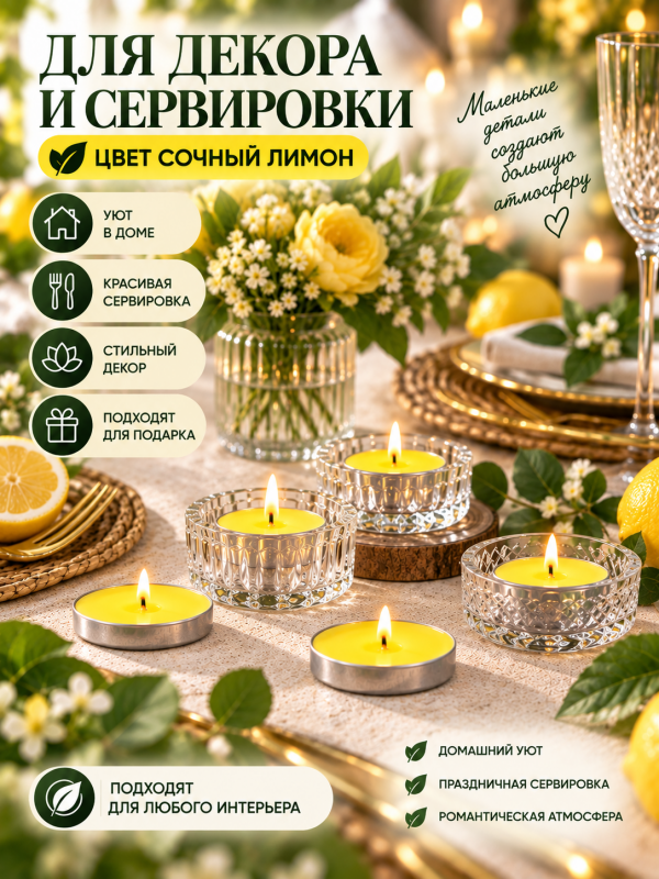 Чайные свечи без аромата желтые. 50 штук.