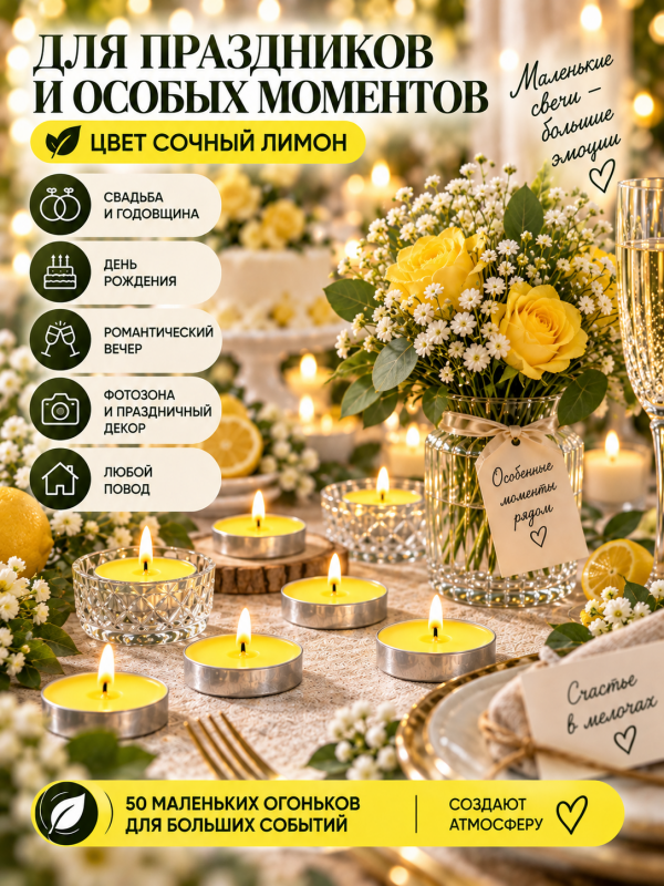 Чайные свечи без аромата желтые. 50 штук.