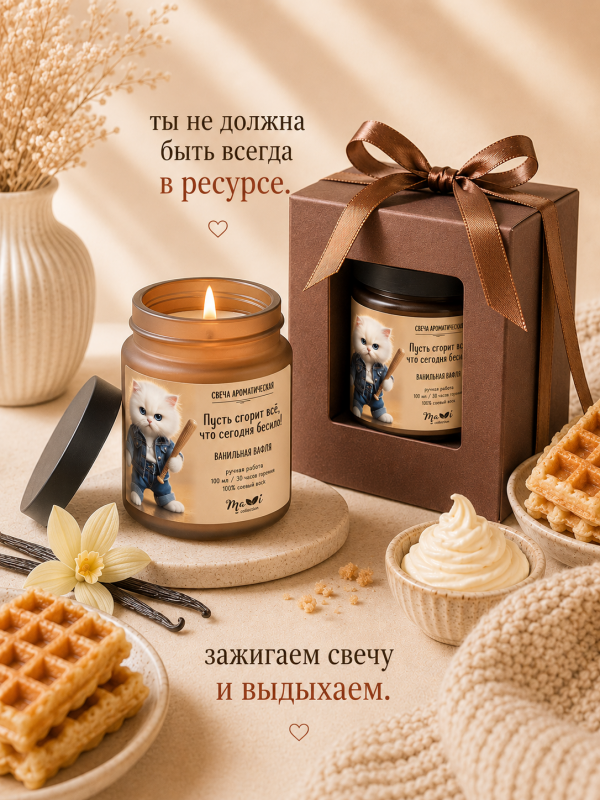 Ароматическая свеча "Пусть сгорит всё, что сегодня бесило!" с ароматом ванильных вафель