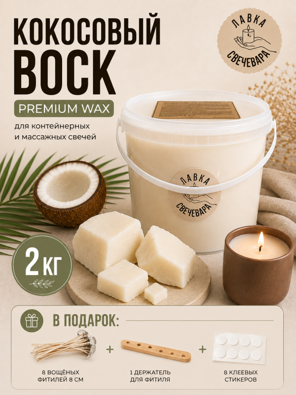 Воск кокосовый для контейнерных и массажных свечей "Premium wax" 2кг + набор фитилей в подарок