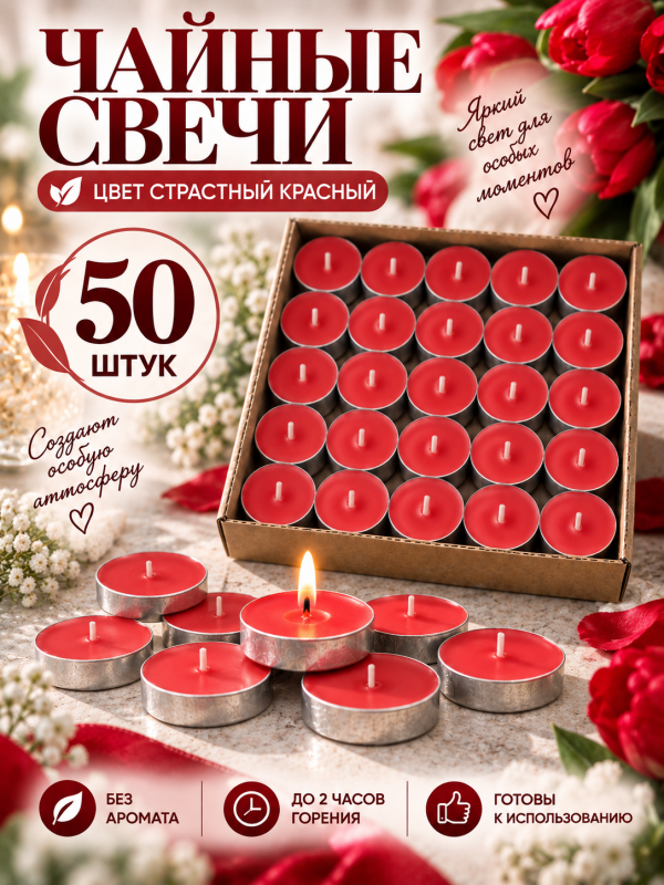 Чайные свечи красные без аромата. 50 штук.