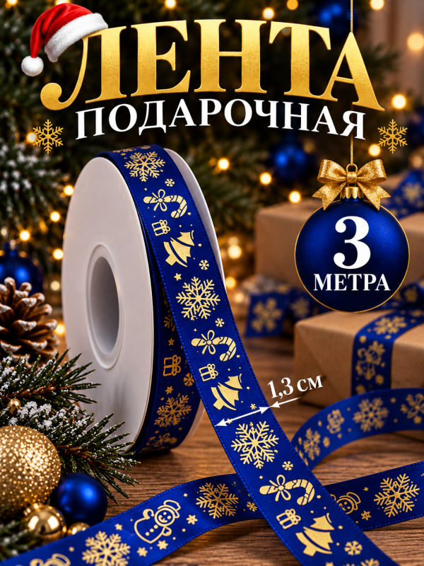 3 метра. Лента упаковочная для новогодних подарков. Цвет синий
