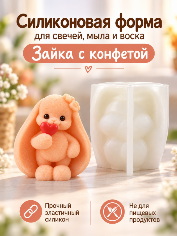 Силиконовая форма для свечей, мыла, гипса "Зайка с конфетой"