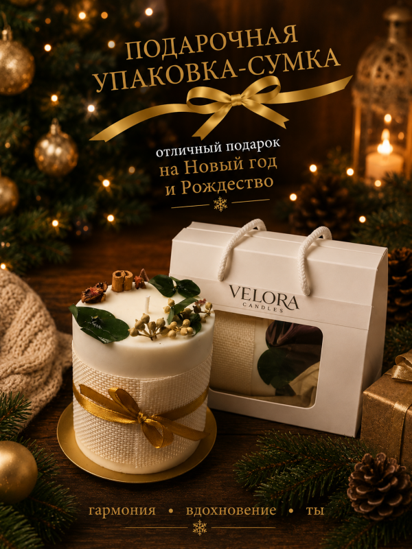Ароматическая свеча Velora Blossom of life с ароматом Vanilla Praline (ванильный пралине) с подсвечником в подарочной коробке. 28 часов горения.