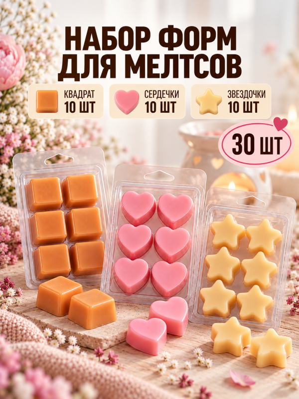 30 шт. Набор пластиковых форм для мелтсов и арома восков  6 ячеек. 3 вида по 10 штук.