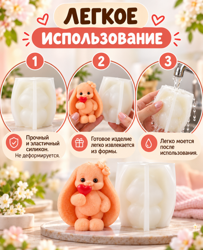 Силиконовая форма для свечей, мыла, гипса "Зайка с конфетой"