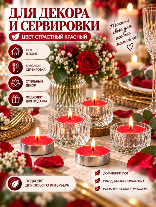 Чайные свечи красные без аромата. 50 штук.
