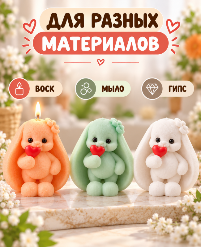 Силиконовая форма для свечей, мыла, гипса "Зайка с конфетой"