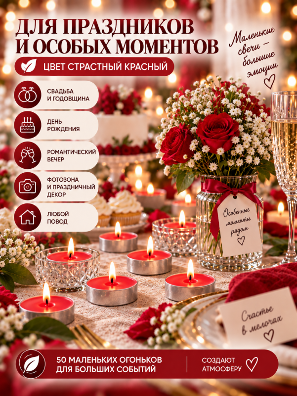 Чайные свечи красные без аромата. 50 штук.