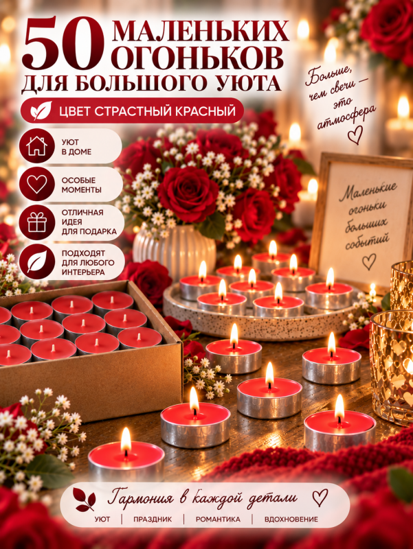 Чайные свечи красные без аромата. 50 штук.
