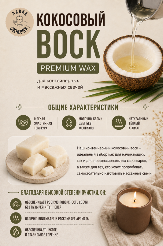 Воск кокосовый для контейнерных и массажных свечей "Premium wax" 1 кг + набор фитилей в подарок