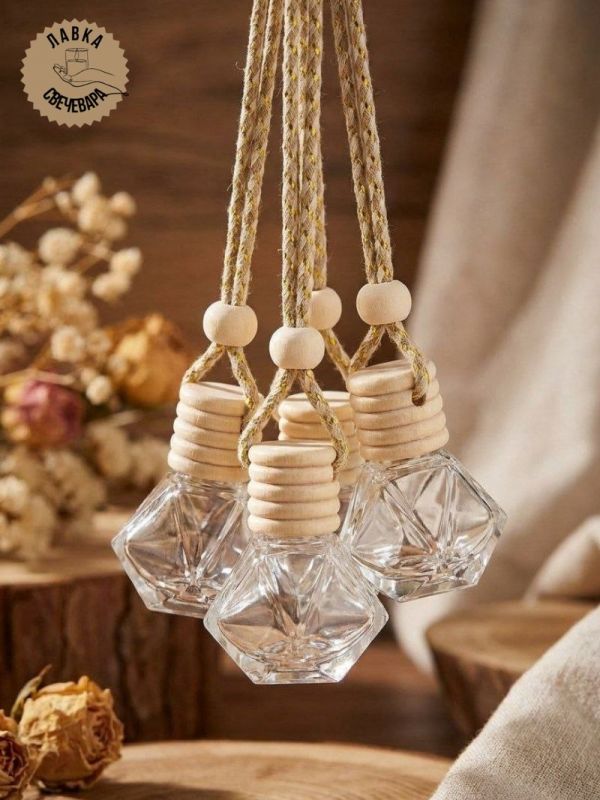 Флаконы для автодиффузора «Кристалл» 5 шт, стеклянные, с деревянной крышкой, подвесные, для ароматизатора в машину