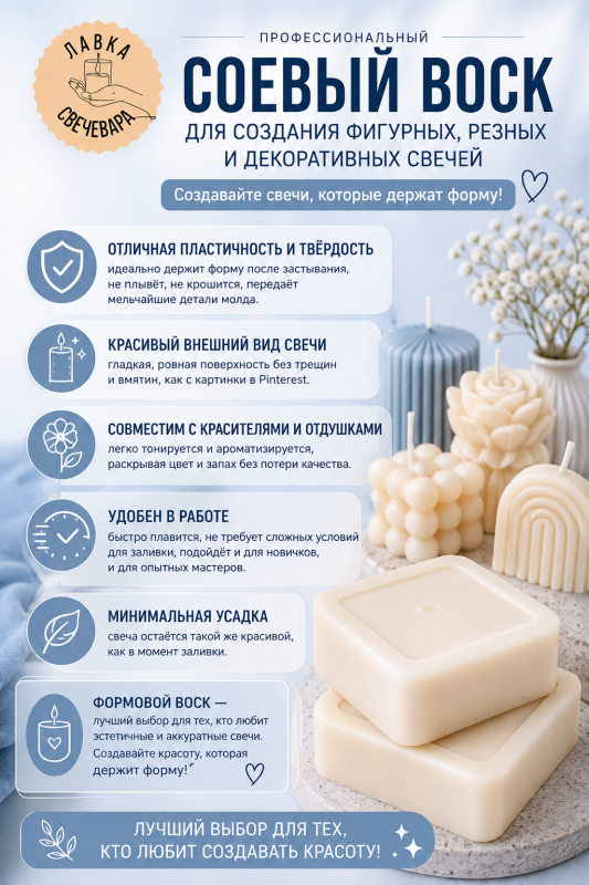Воск соевый для формовых свечей «Premium wax» 1 кг + набор фитилей в подарок