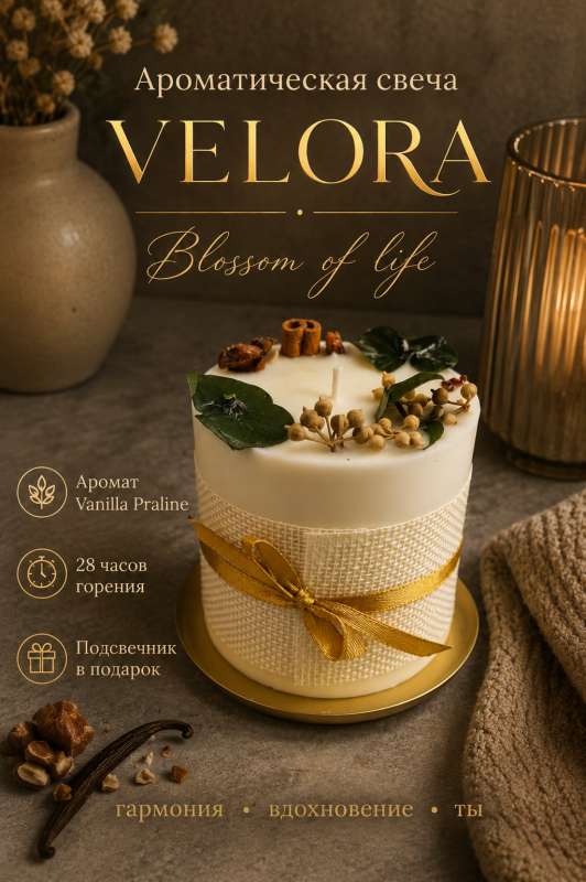Ароматическая свеча Velora Blossom of life с ароматом Vanilla Praline (ванильный пралине) с подсвечником в подарочной коробке. 28 часов горения.