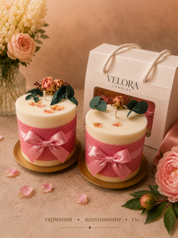 Ароматическая свеча Velora Blossom of Life с ароматом Peony Rose (пионовая роза) с подсвечником в подарочной коробке. 28 часов горения.