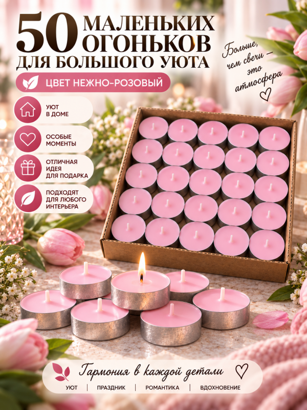 Чайные свечи розовые без аромата. 50 штук.