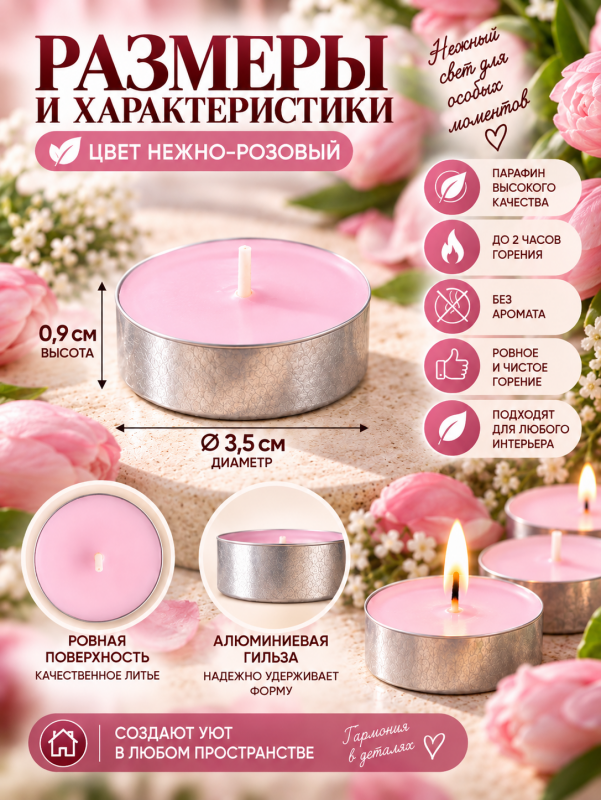 Чайные свечи розовые без аромата. 50 штук.