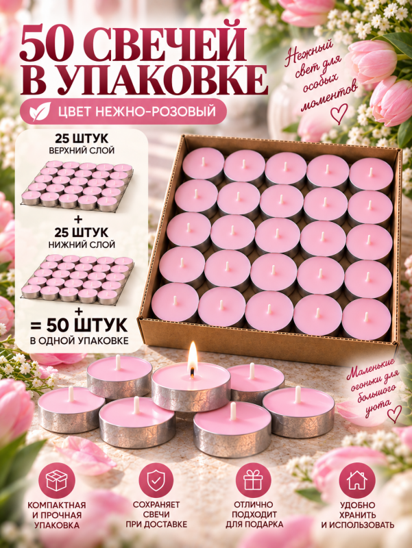 Чайные свечи розовые без аромата. 50 штук.