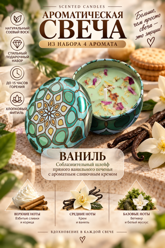 Свечи ароматические. Подарочный набор "Gоld" из 4 разных ароматов.