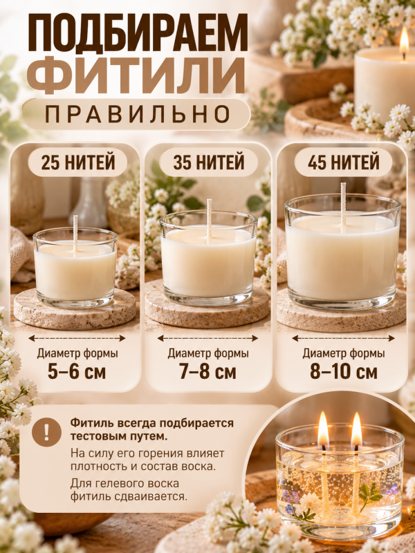 Набор вощеных фитилей 8 см, 35 нитей с клеевыми стикерами и металлическим центровиком 25 шт.